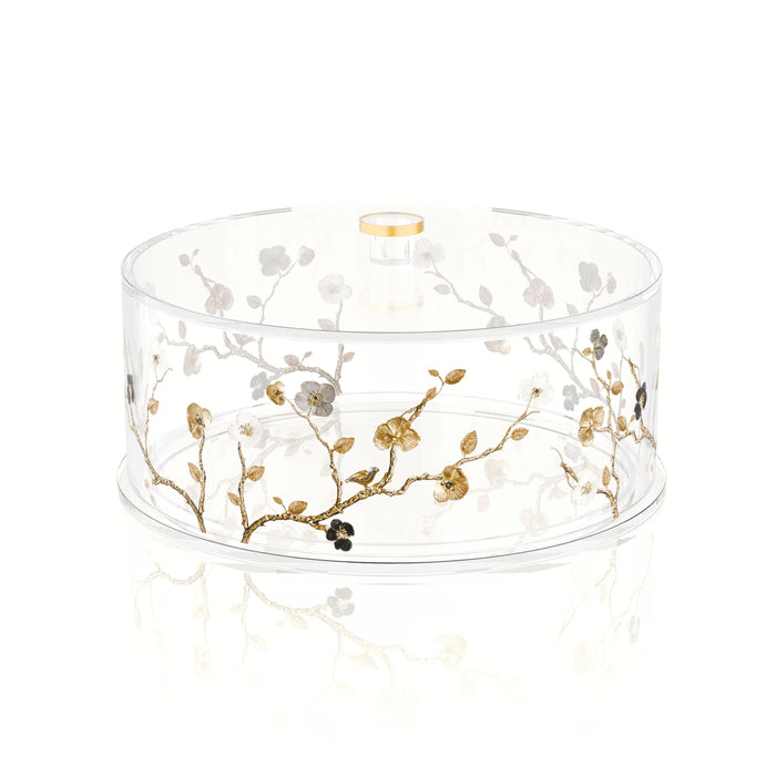 Ornate Garden Round Cake Log Holder — Acrylic — clear lucite dome with gold handle and floral branch detail | Judaica Square Lakewood