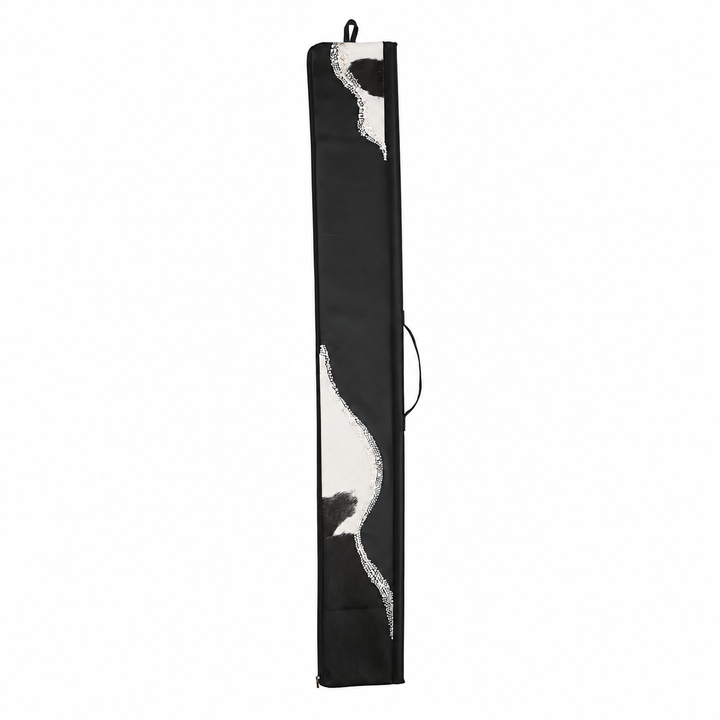 Black leather lulav bag #1368 with curved black-and-white fur panels, silver-colored trim and a side handle