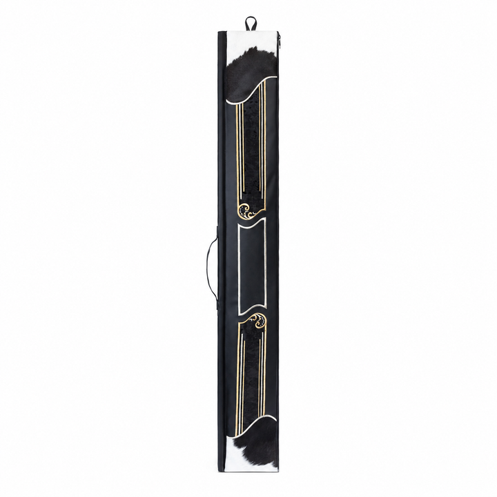Black leather lulav bag #586 with black-and-white fur panels, gold-colored linework and a side handle