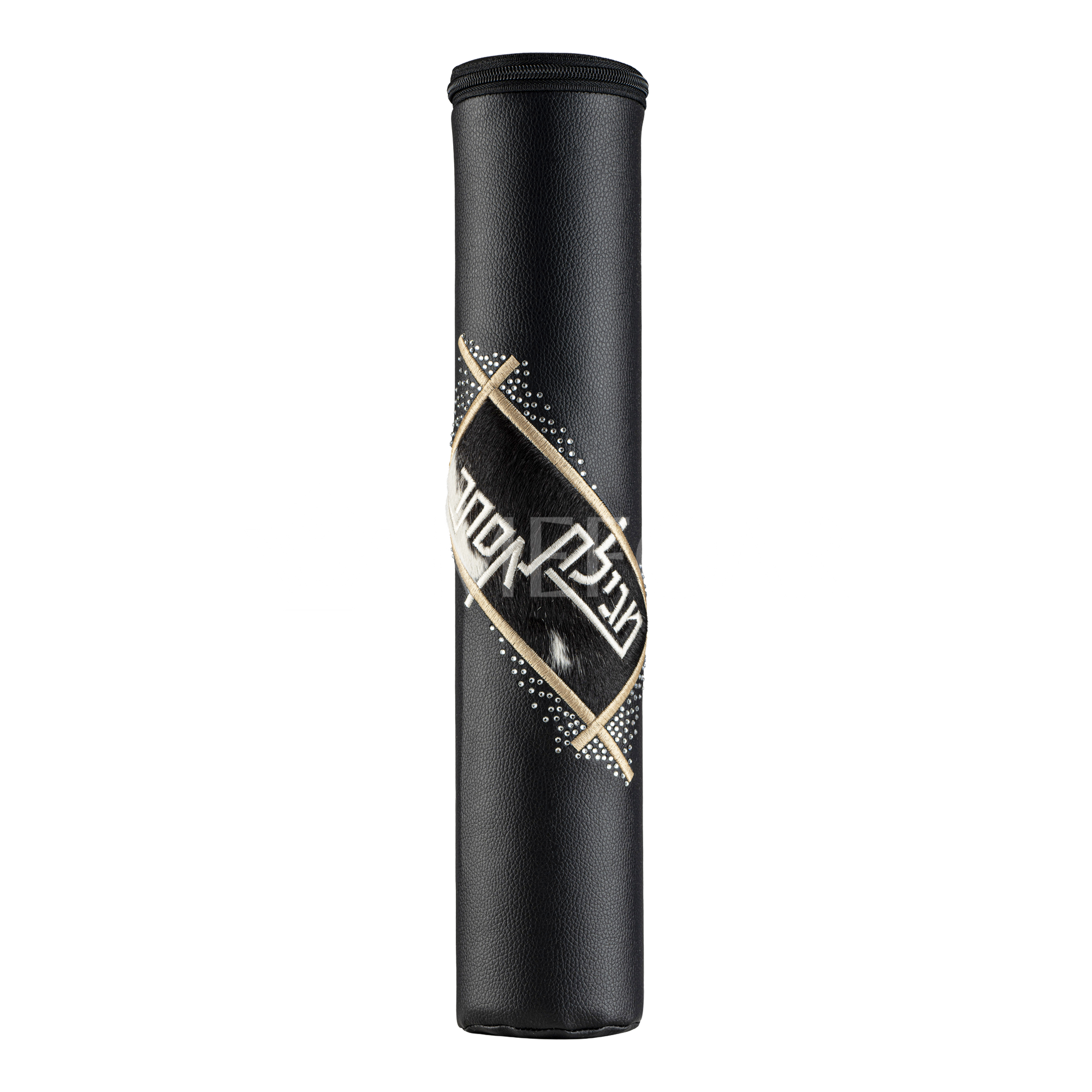 Black Leather with B&W Fur Megillah Holder, with Gold Embroidery - Megillah Cases