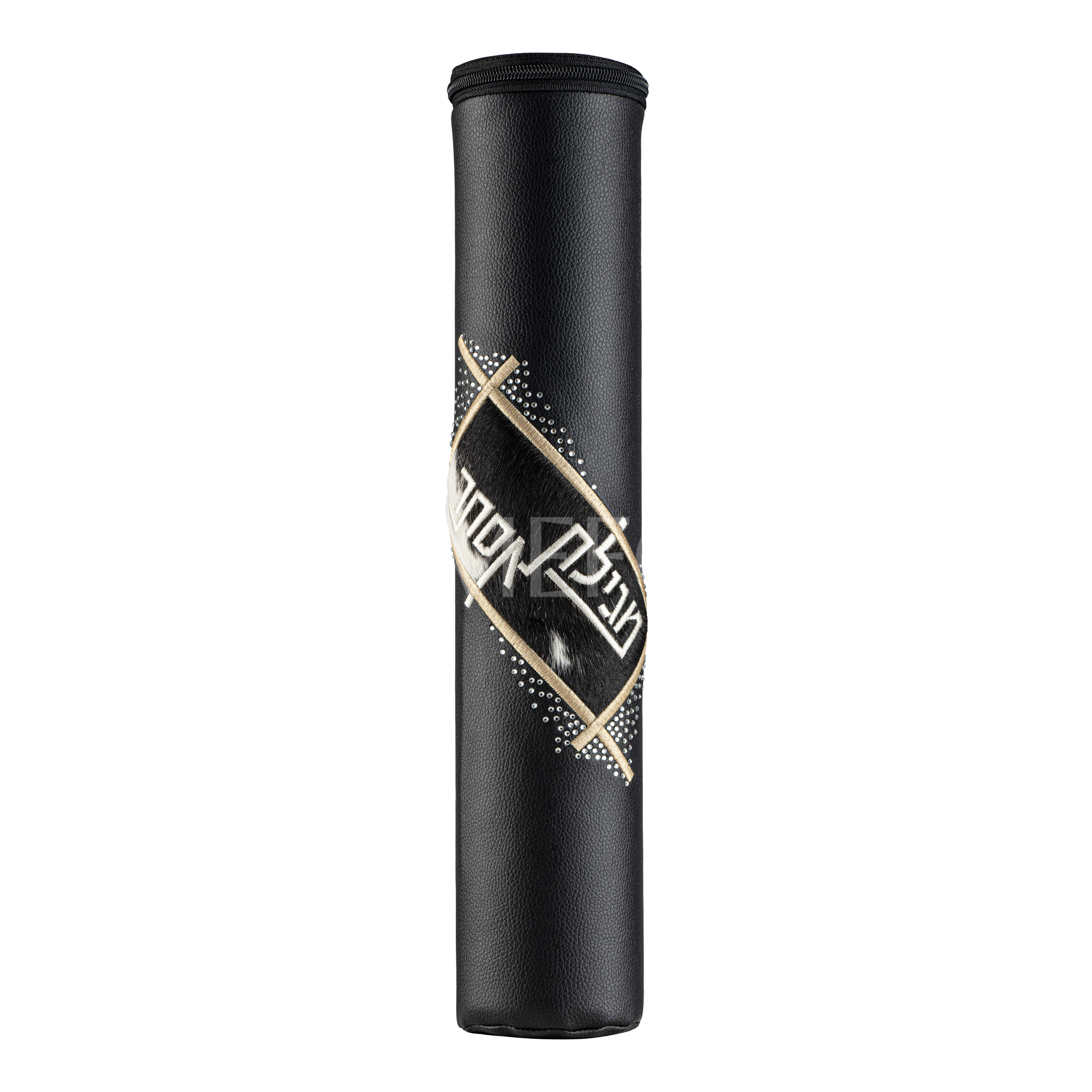 Black Leather with B&W Fur Megillah Holder, with Gold Embroidery - Megillah Cases