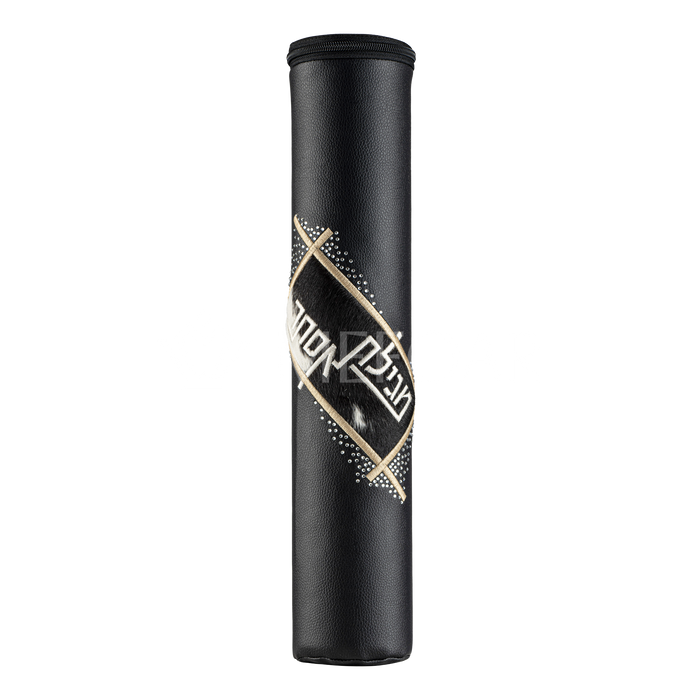 Black Leather with B&W Fur Megillah Holder, with Gold Embroidery - Megillah Cases