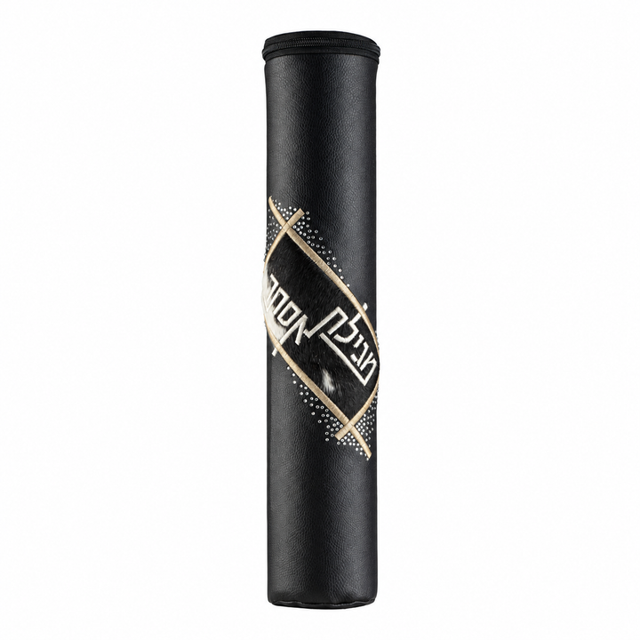 Black Leather with B&W Fur Megillah Holder, with Gold Embroidery - Megillah Cases