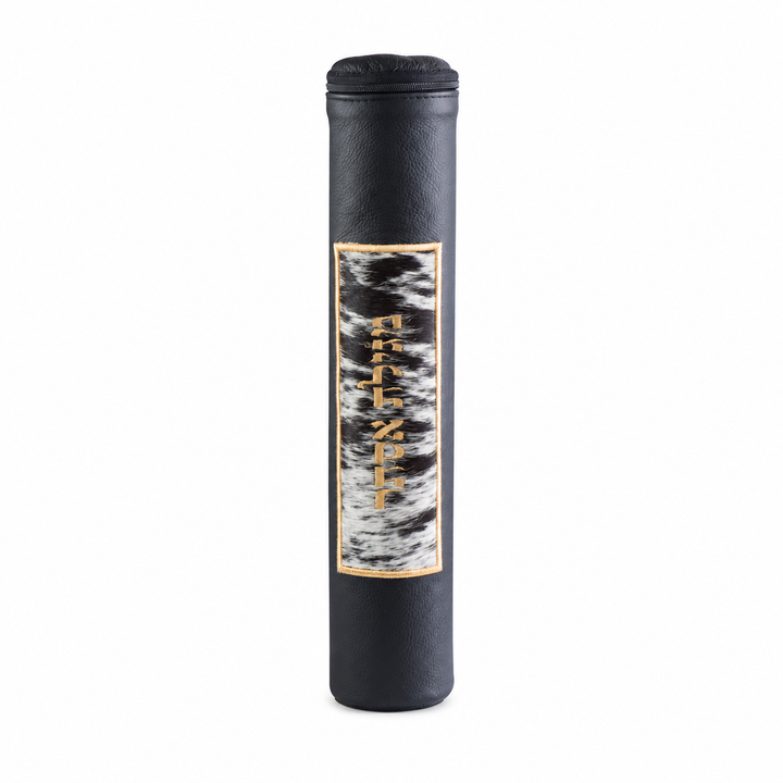 Black cylindrical Megillah holder with a black-and-white fur panel and gold-colored Hebrew Megillas Esther embroidery
