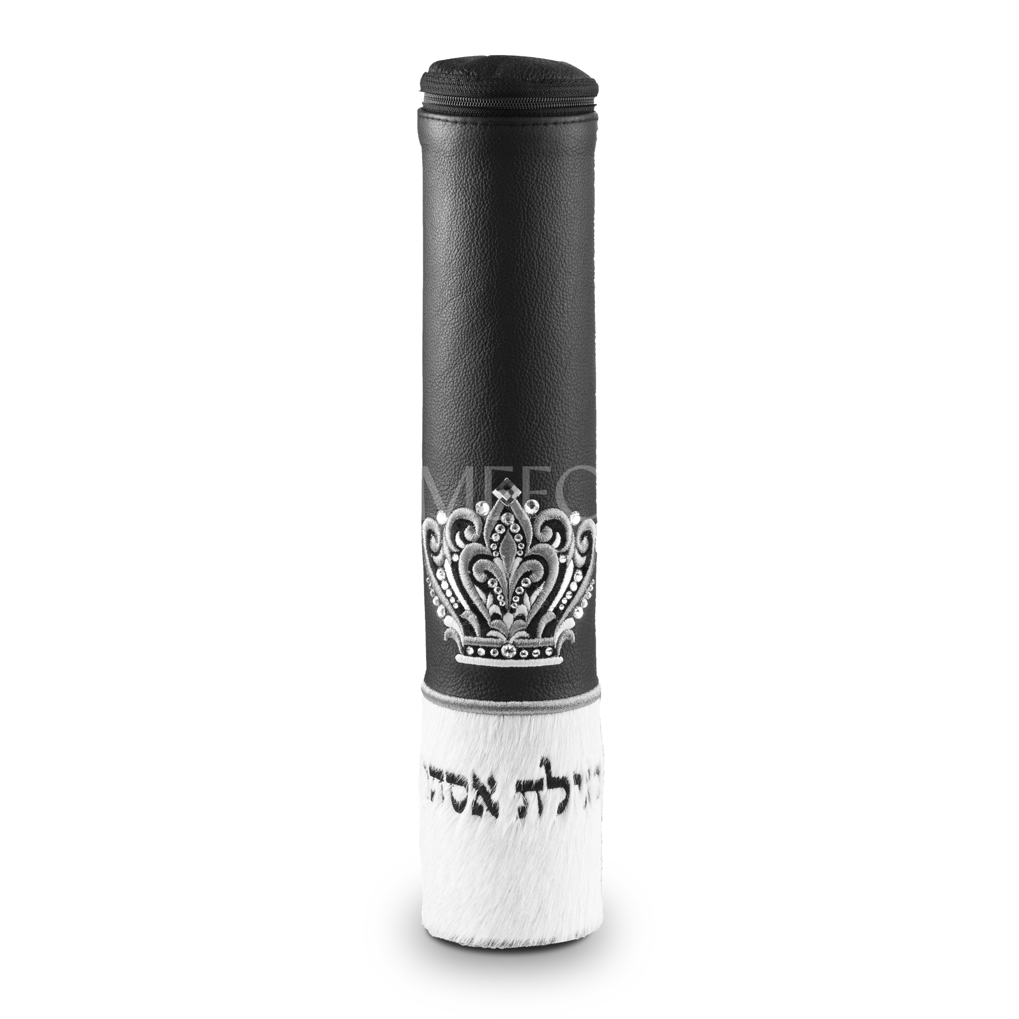 Black Megillah Holder, with White Fur and Silver Embroidery - Megillah Cases
