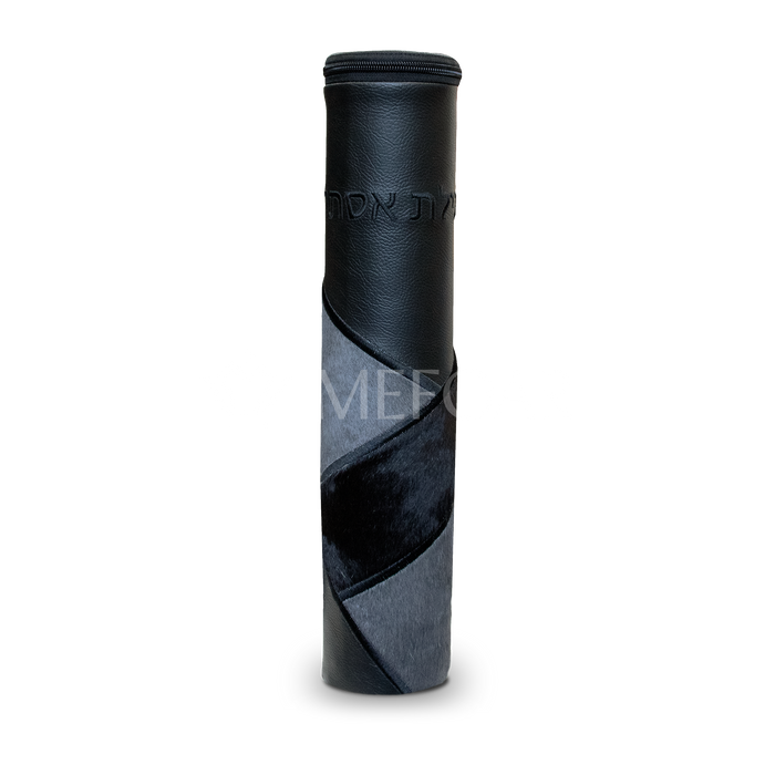 Black Megillah holder, with Grey and Black Fur and Black embroidery - Megillah Cases