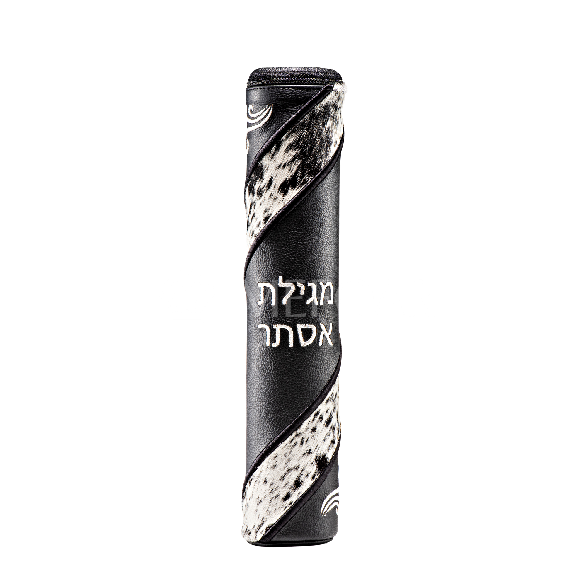 Black Leather Megillah Holder,  with Black and White Fur and Silver Embroidery - Megillah Cases