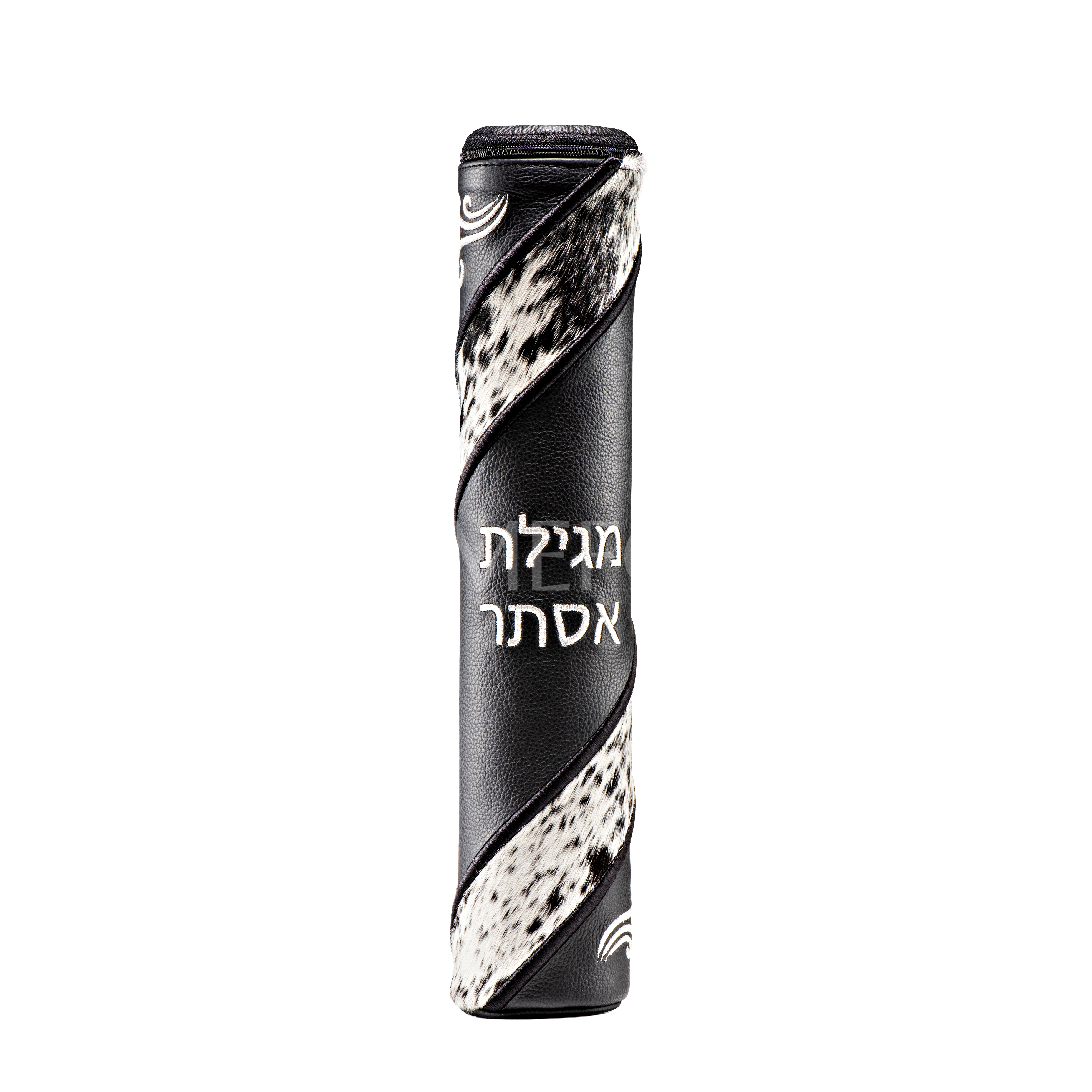 Black Leather Megillah Holder,  with Black and White Fur and Silver Embroidery - Megillah Cases