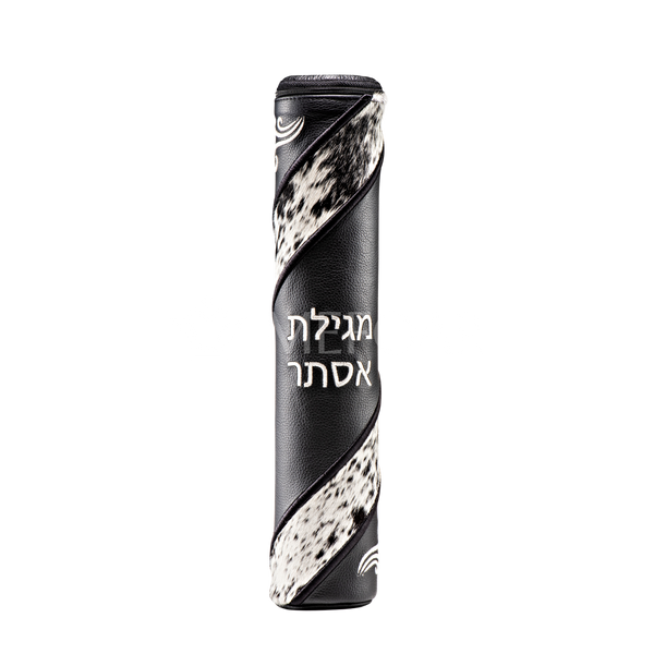 Black Leather Megillah Holder,  with Black and White Fur and Silver Embroidery - Megillah Cases