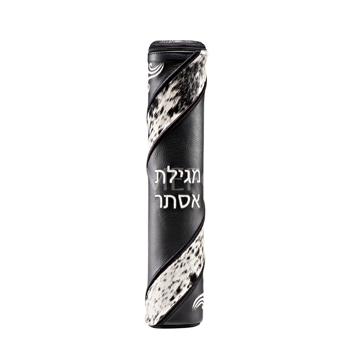 Black Leather Megillah Holder,  with Black and White Fur and Silver Embroidery - Megillah Cases