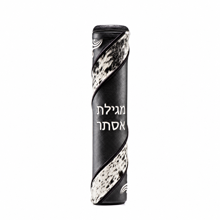 Black Leather Megillah Holder,  with Black and White Fur and Silver Embroidery - Megillah Cases