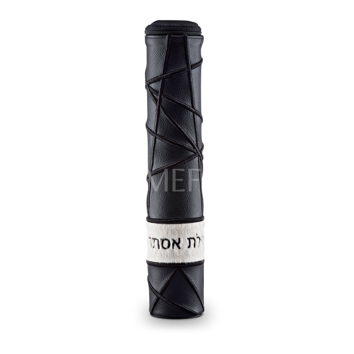 Black Megillah Holder, with White Fur and Black Embroidery - Megillah Cases