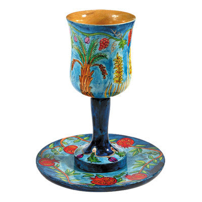Blue Seven Species Wooden Kiddush Cup and Plate Set (EM-CU3)