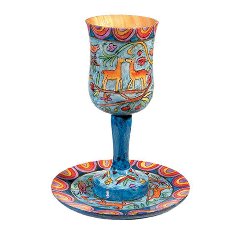 Oriental Large Wooden Kiddush Cup and Saucer