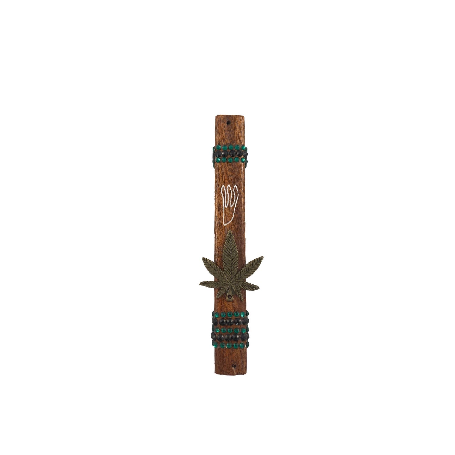 Cannabis mezuzah case — gold enamel leaf and rhinestones on painted pine and steel cases | Judaica Square Lakewood (view 4)