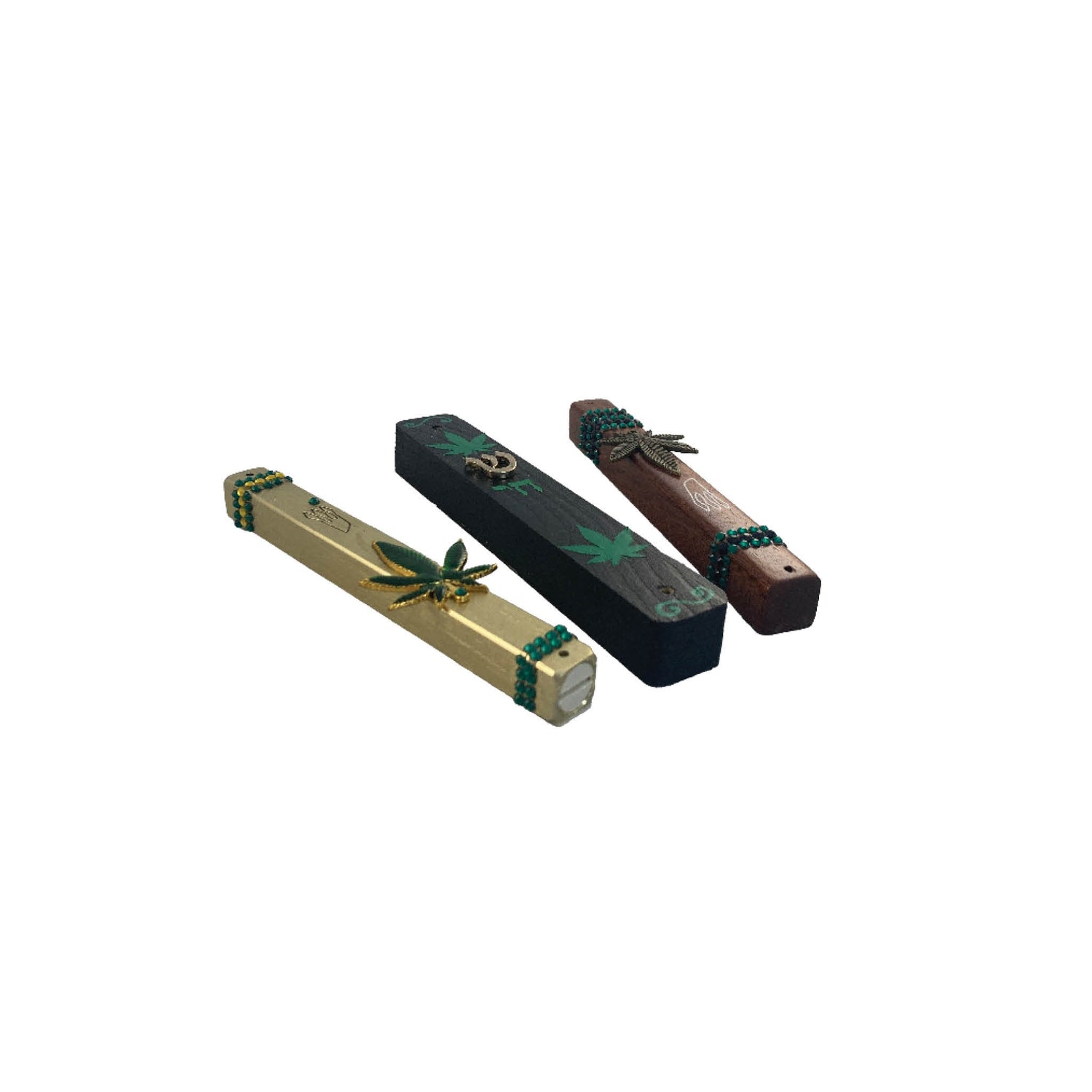 Cannabis mezuzah case — gold enamel leaf and rhinestones on painted pine and steel cases | Judaica Square Lakewood (view 2)