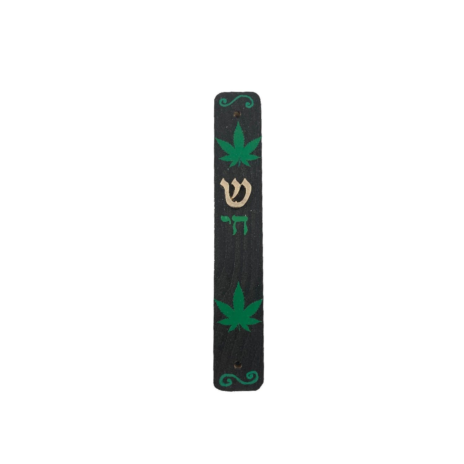 Cannabis mezuzah case — gold enamel leaf and rhinestones on painted pine and steel cases | Judaica Square Lakewood (view 5)