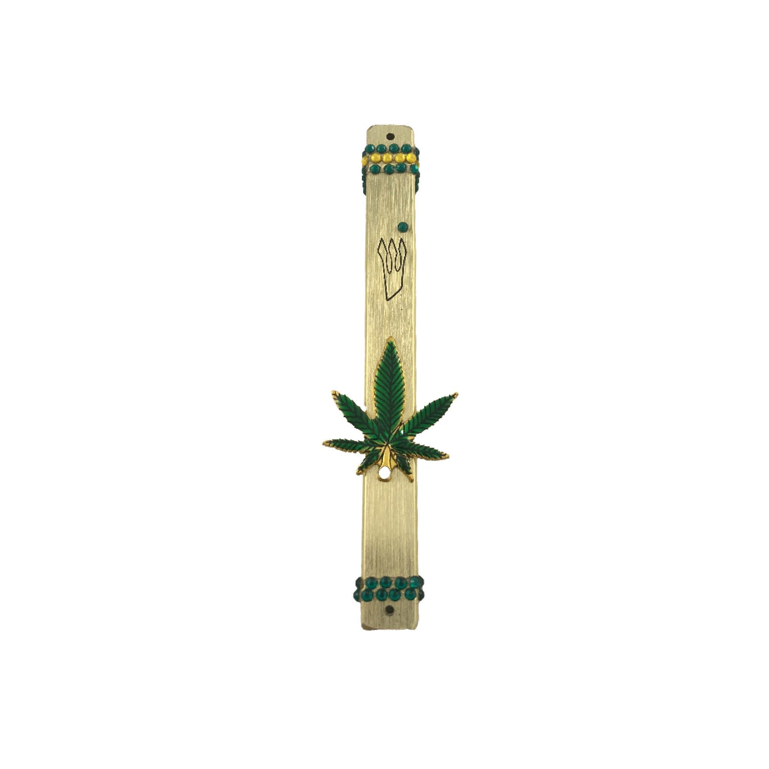 Cannabis mezuzah case — gold enamel leaf and rhinestones on painted pine and steel cases | Judaica Square Lakewood (view 3)
