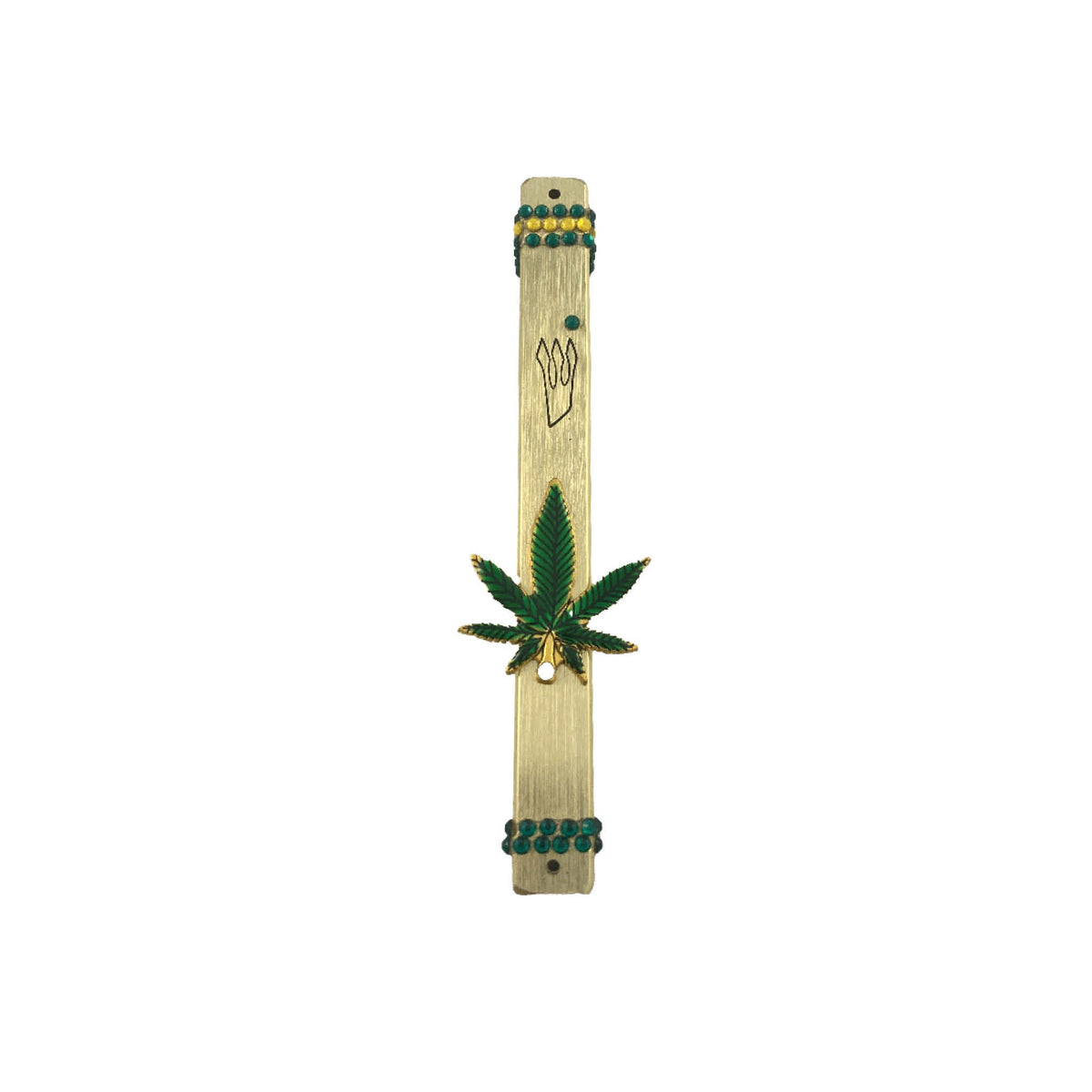 Cannabis mezuzah case — gold enamel leaf and rhinestones on painted pine and steel cases | Judaica Square Lakewood (view 3)