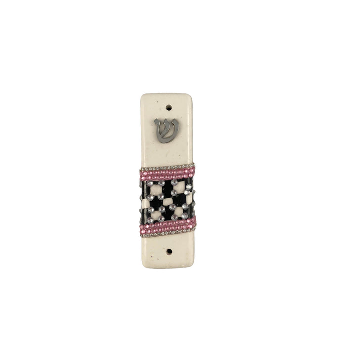 Checkerboard ceramic mezuzah case — pink, crown and heart designs | Judaica Square Lakewood