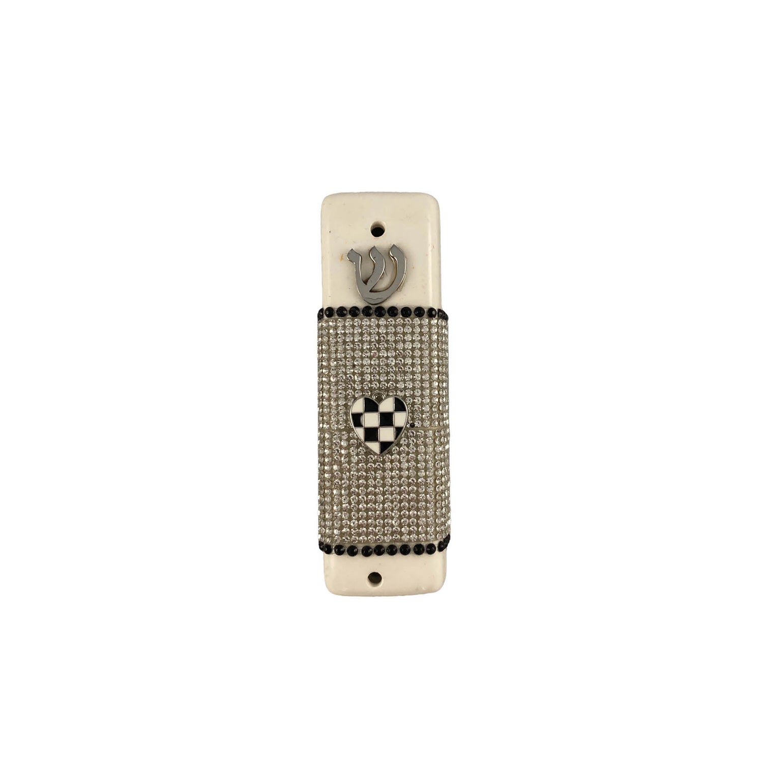 Checkerboard ceramic mezuzah case — pink, crown and heart designs | Judaica Square Lakewood (view 4)