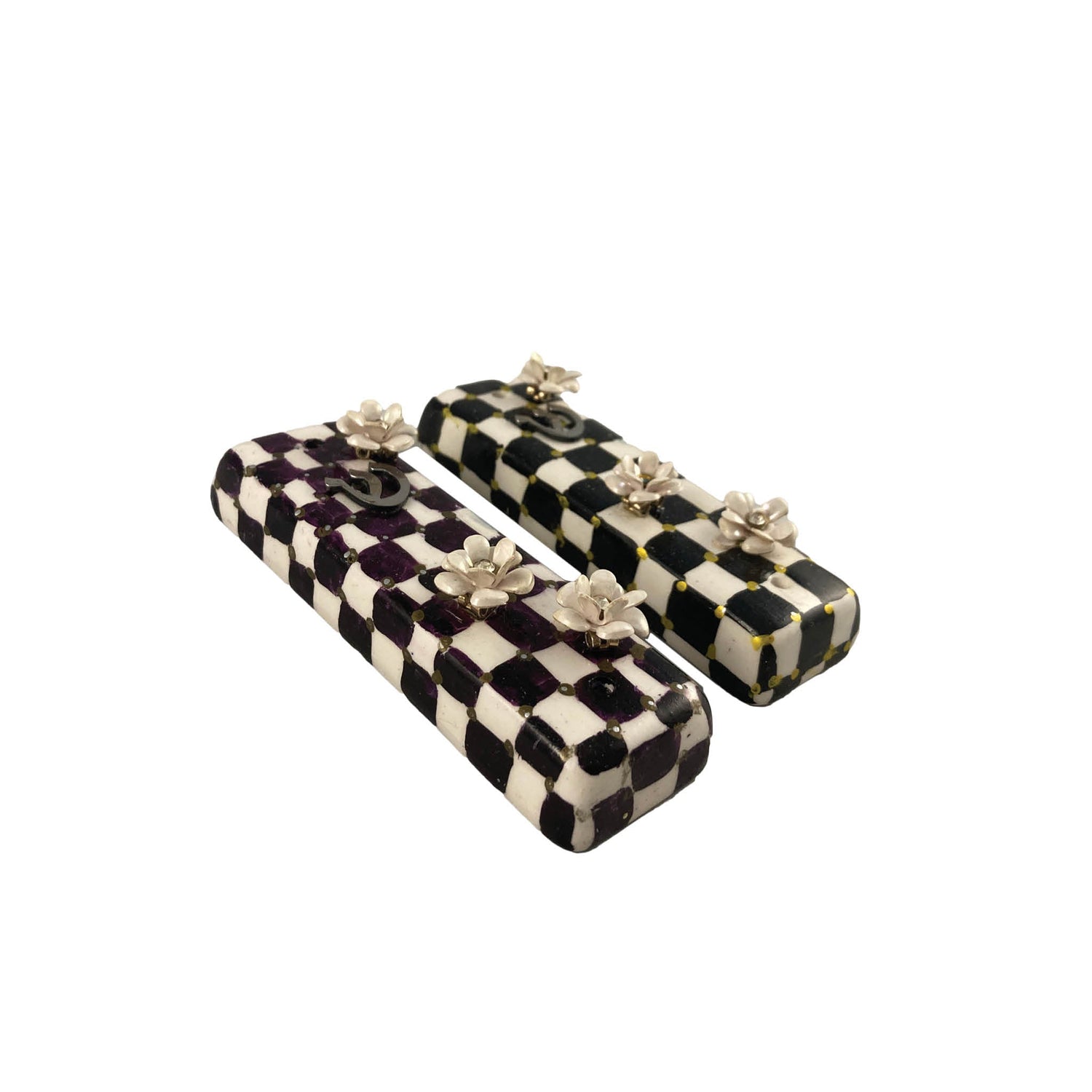 Checkerboard mezuzah case with accents — vintage flower, pansy and gold crown options | Judaica Square Lakewood (view 3)