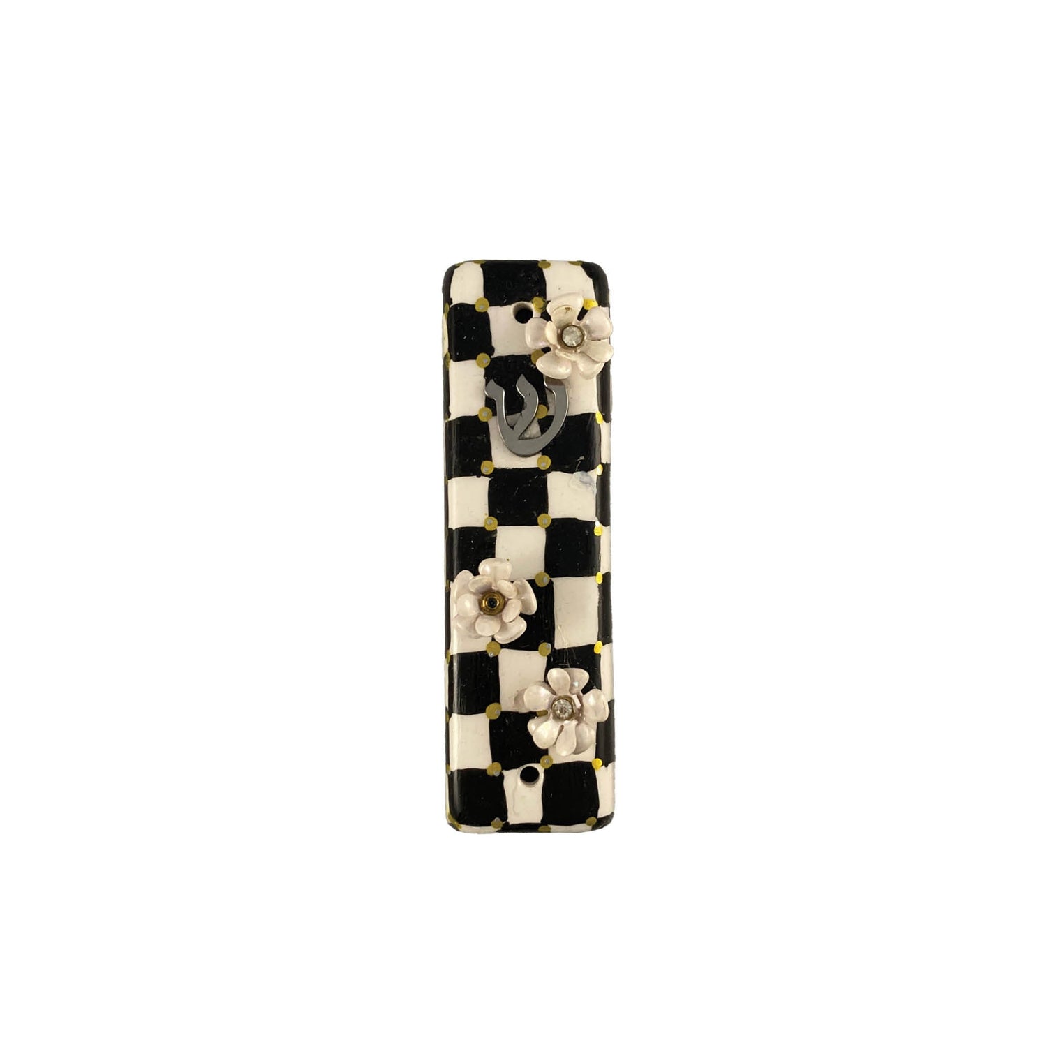 Checkerboard mezuzah case with accents — vintage flower, pansy and gold crown options | Judaica Square Lakewood (view 4)