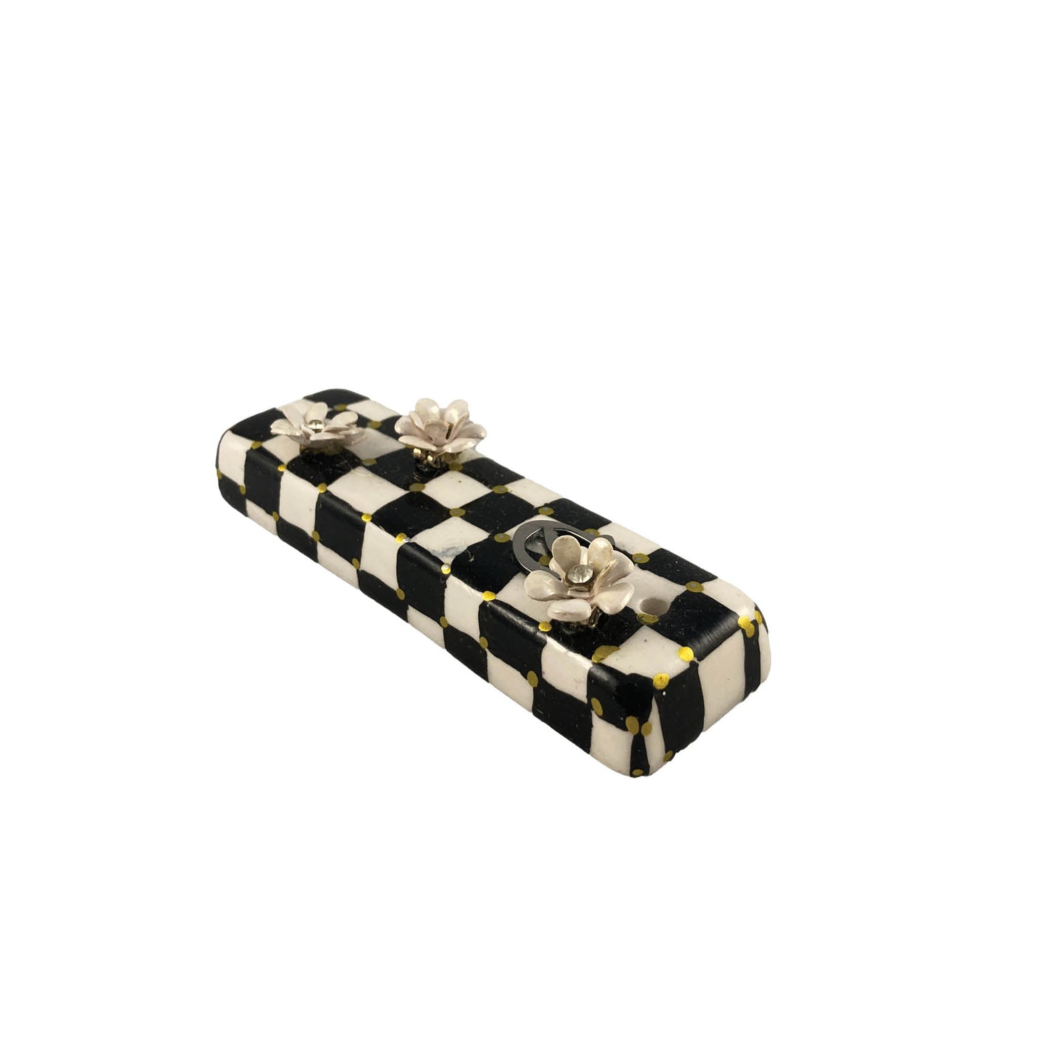 Checkerboard mezuzah case with accents — vintage flower, pansy and gold crown options | Judaica Square Lakewood (view 10)