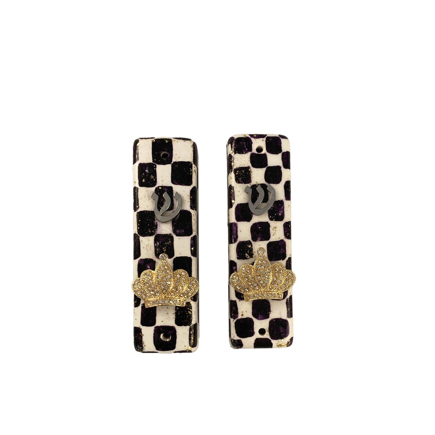 Checkerboard mezuzah case with accents — vintage flower, pansy and gold crown options | Judaica Square Lakewood (view 5)
