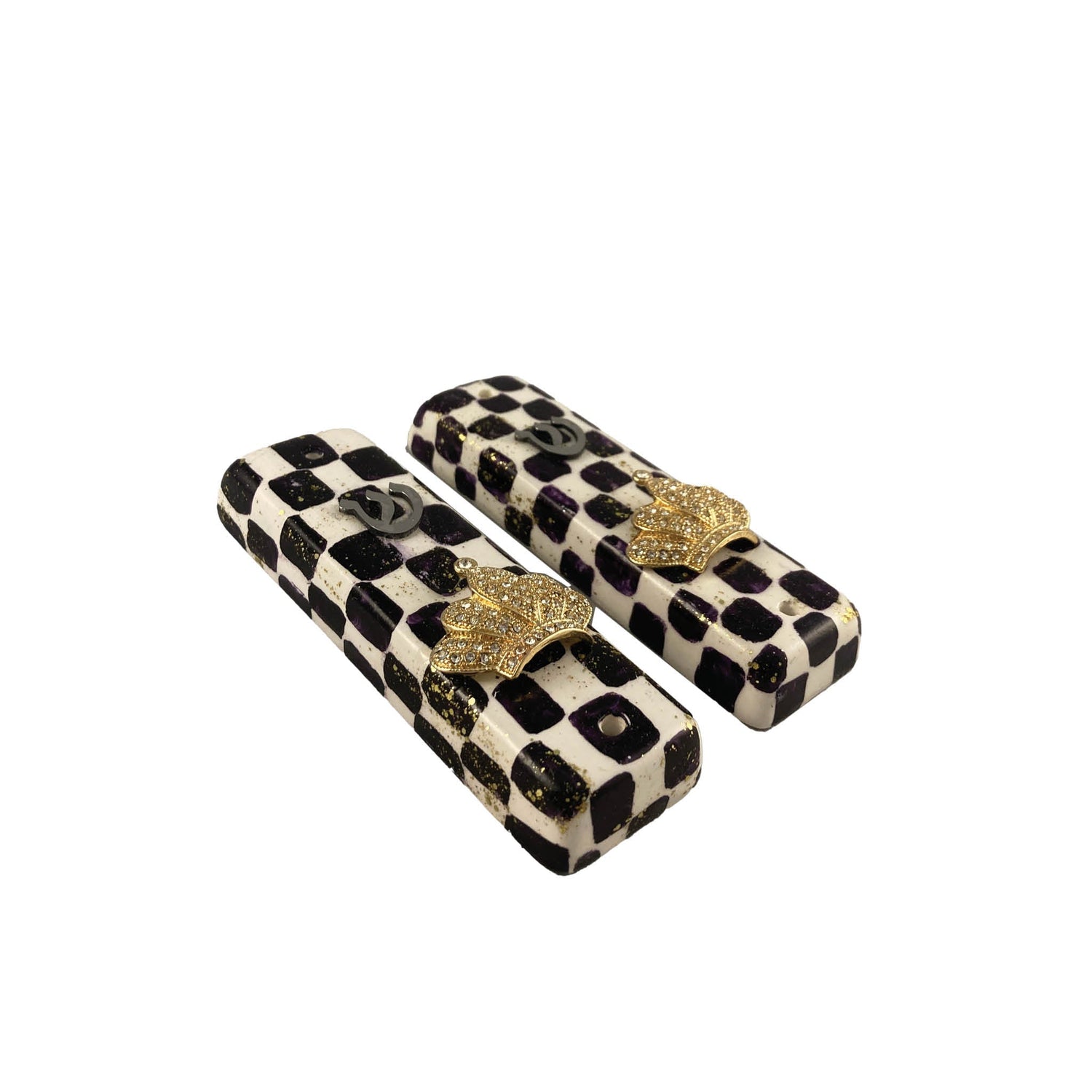 Checkerboard mezuzah case with accents — vintage flower, pansy and gold crown options | Judaica Square Lakewood (view 8)