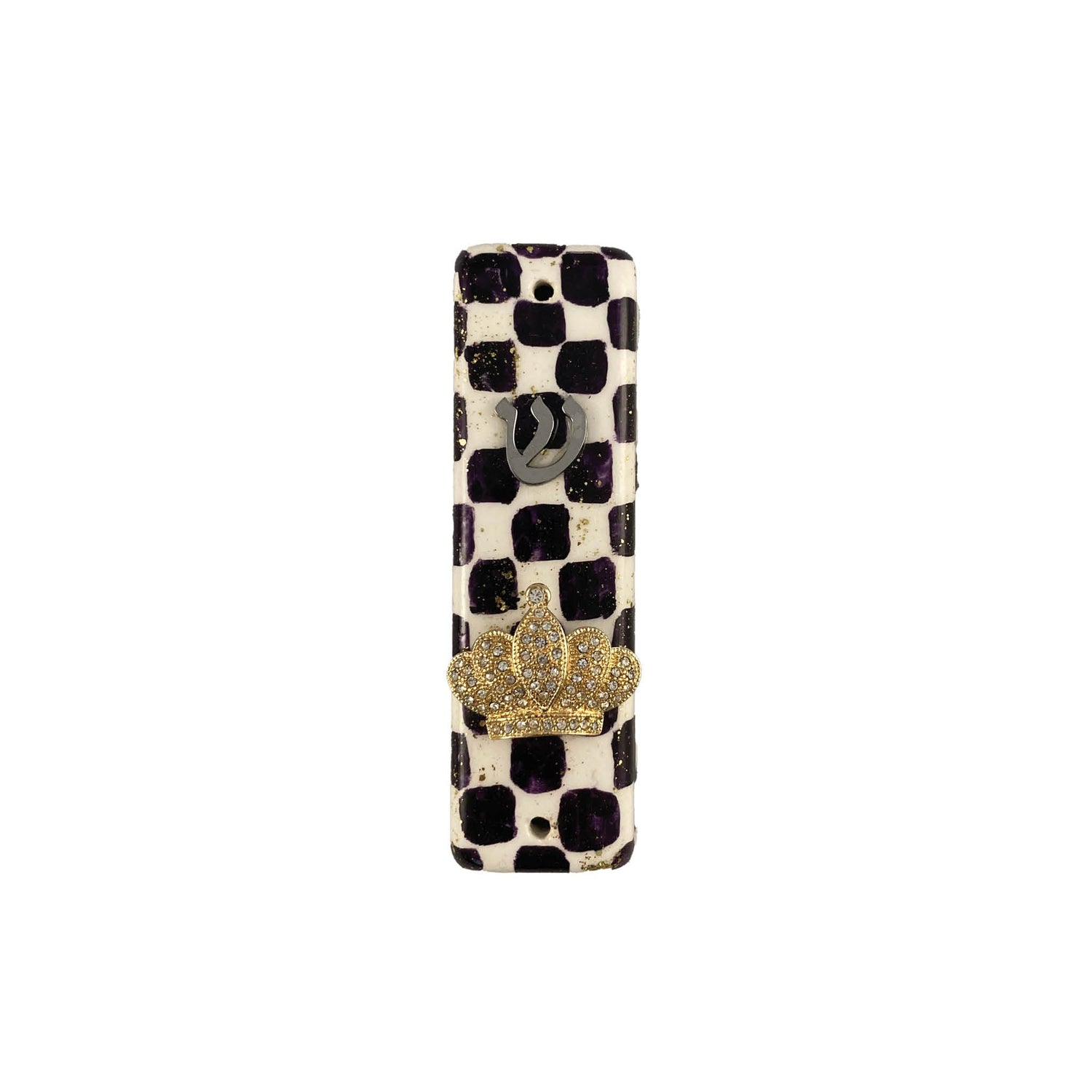 Checkerboard mezuzah case with accents — vintage flower, pansy and gold crown options | Judaica Square Lakewood (view 11)
