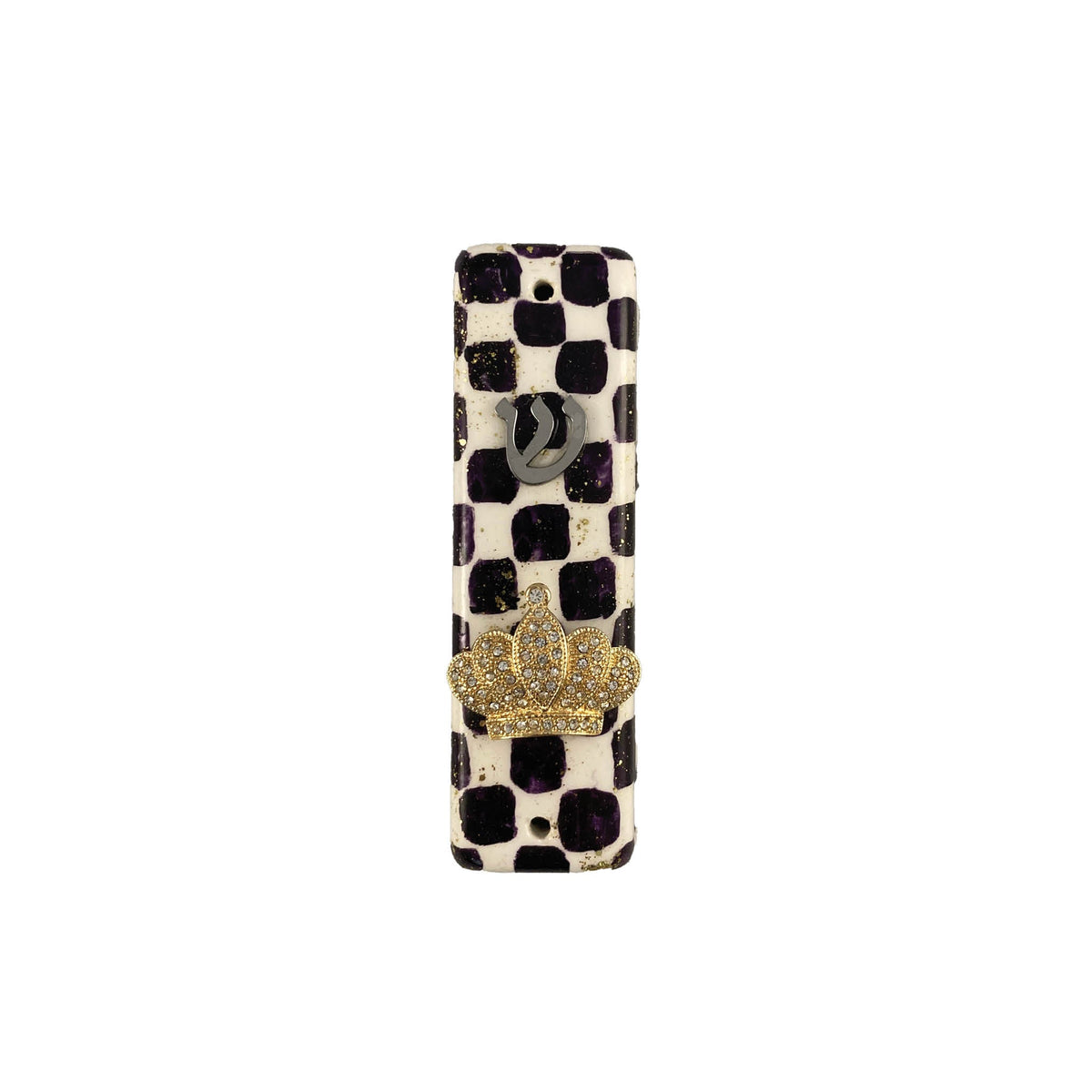 Checkerboard mezuzah case with accents — vintage flower, pansy and gold crown options | Judaica Square Lakewood (view 11)