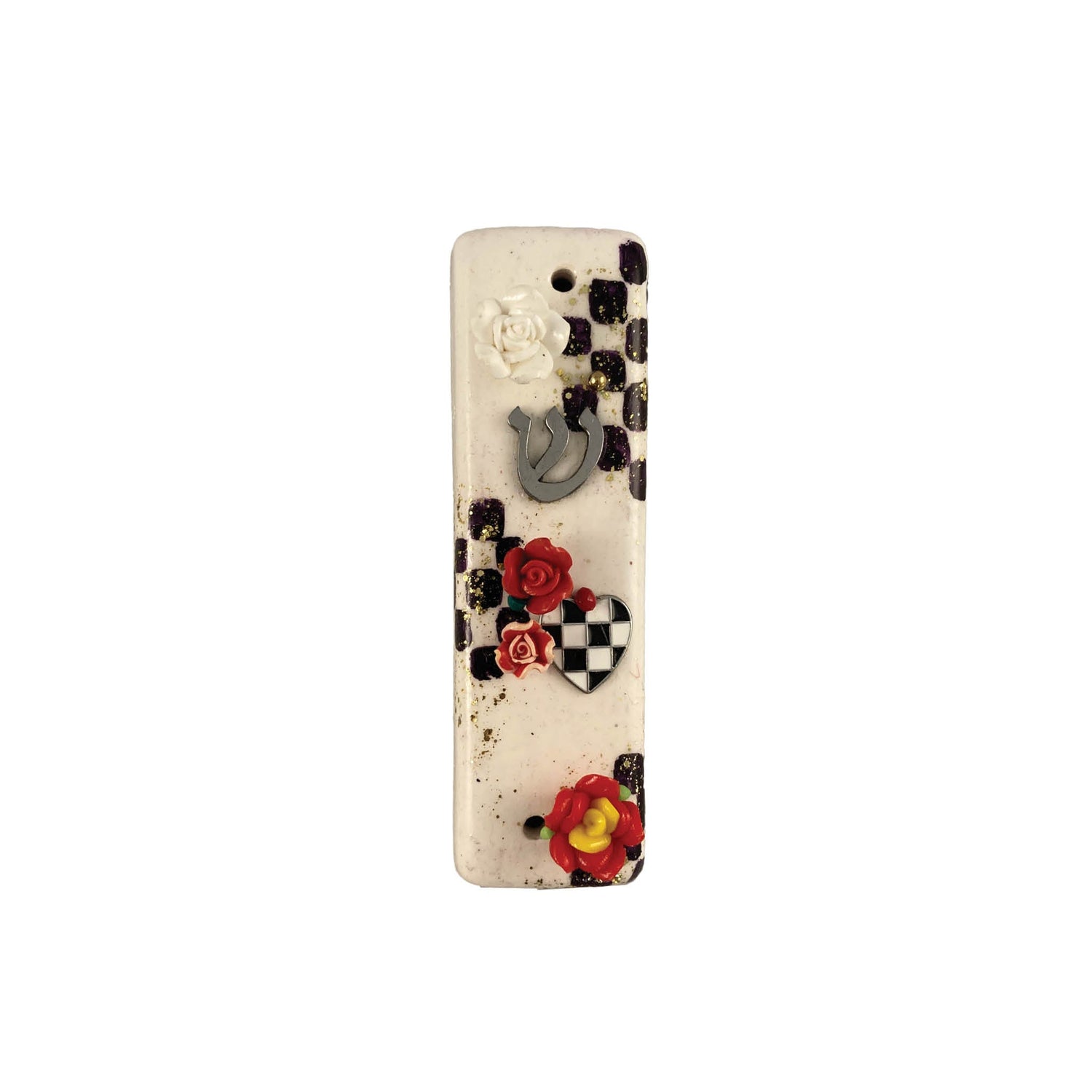 Checkerboard mezuzah case with accents — vintage flower, pansy and gold crown options | Judaica Square Lakewood (view 9)