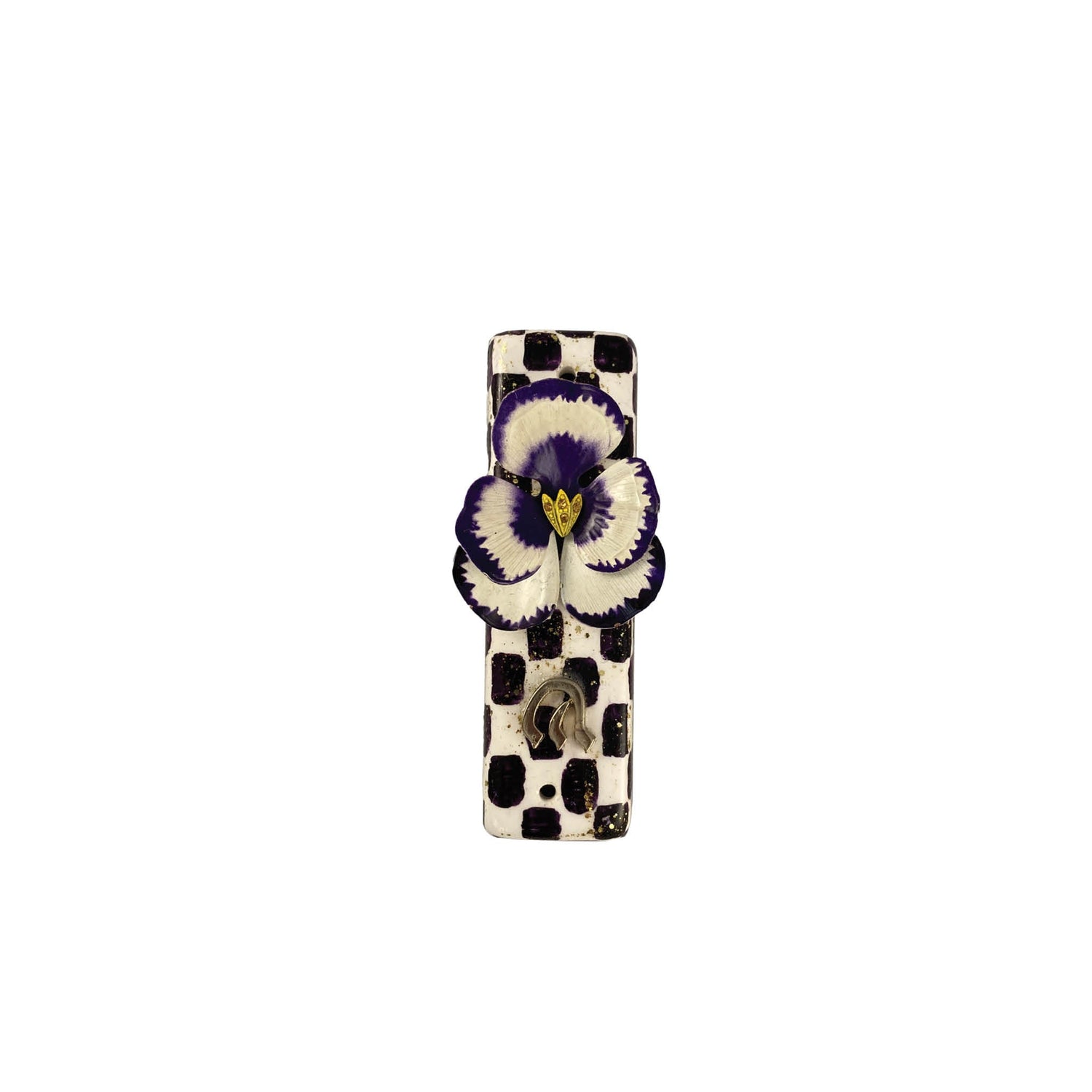 Checkerboard mezuzah case with accents — vintage flower, pansy and gold crown options | Judaica Square Lakewood (view 6)