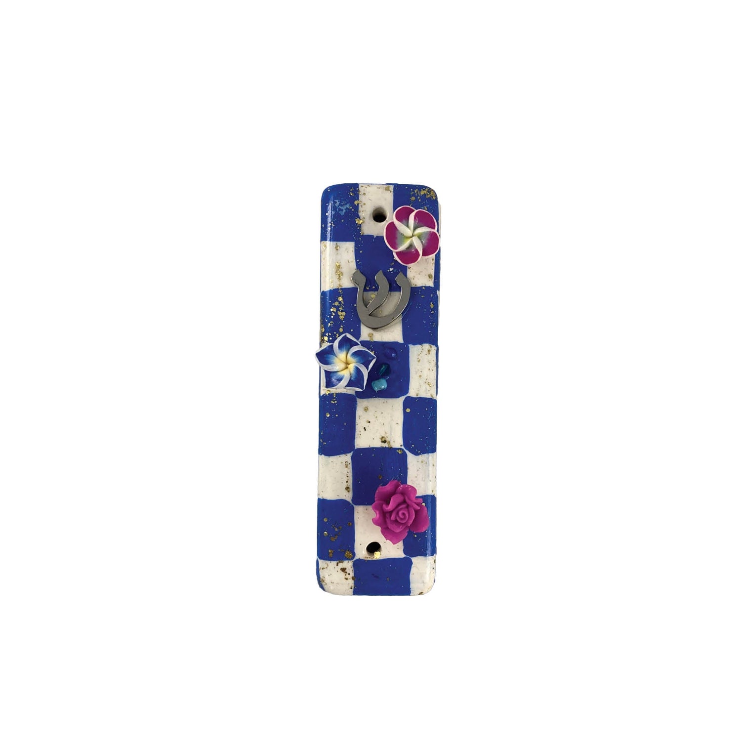 Checkerboard mezuzah case with accents — vintage flower, pansy and gold crown options | Judaica Square Lakewood (view 7)