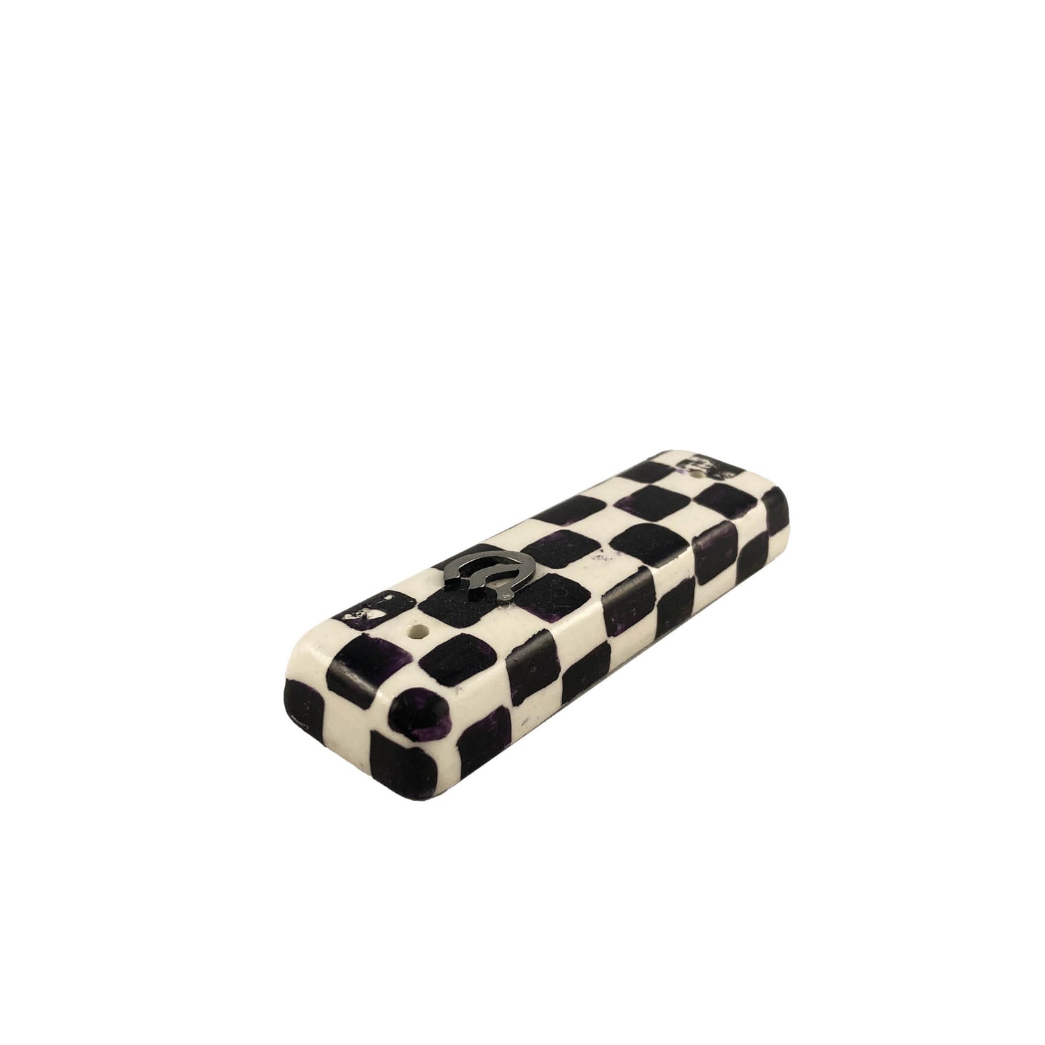 Plain checkerboard mezuzah case — ceramic case with simple checker pattern | Judaica Square Lakewood (view 2)
