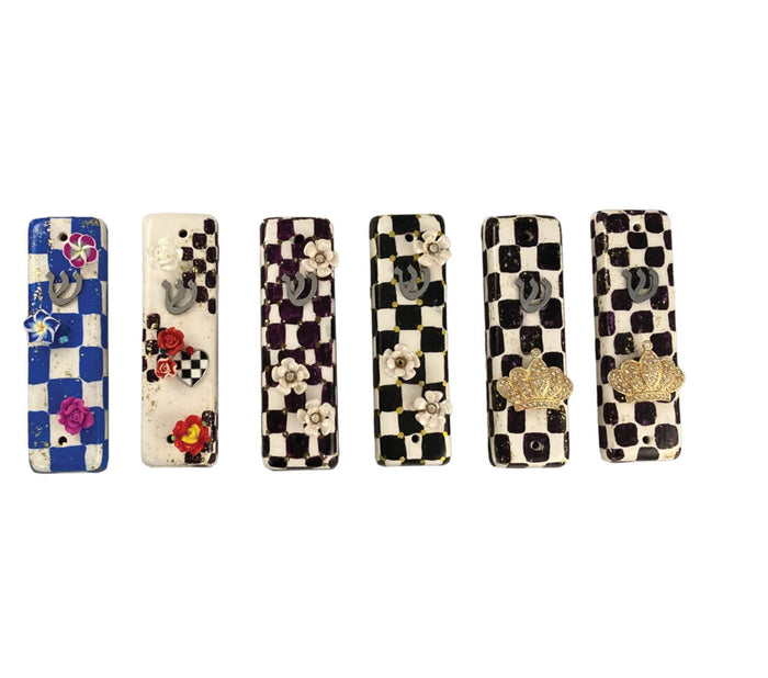 Checkerboard mezuzah case with accents — vintage flower, pansy and gold crown options | Judaica Square Lakewood