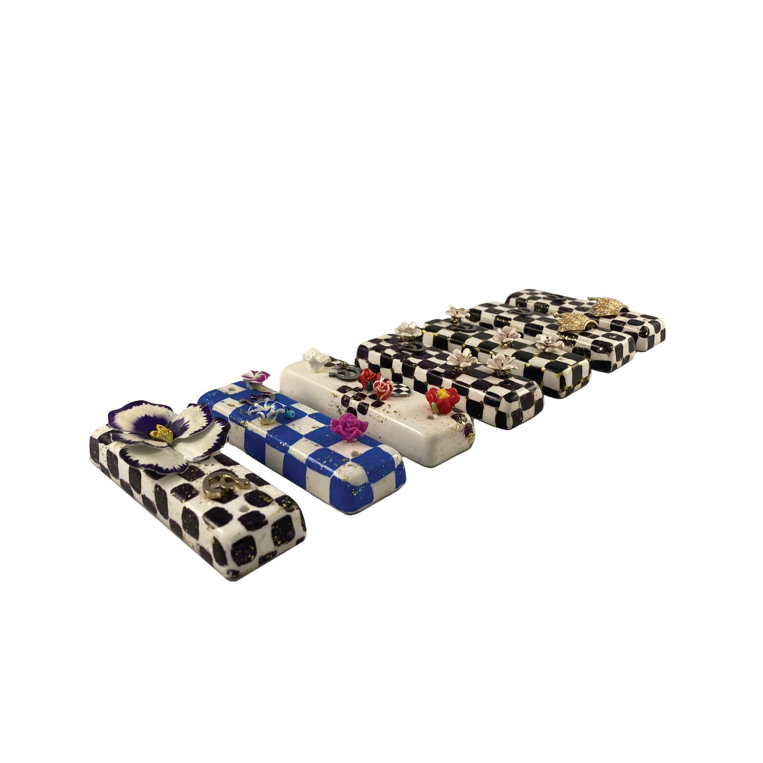 Checkerboard mezuzah case with accents — vintage flower, pansy and gold crown options | Judaica Square Lakewood (view 2)