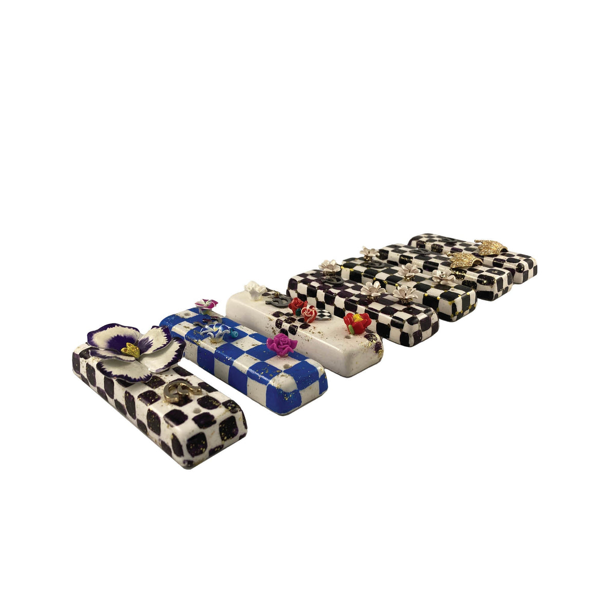 Checkerboard mezuzah case with accents — vintage flower, pansy and gold crown options | Judaica Square Lakewood (view 2)