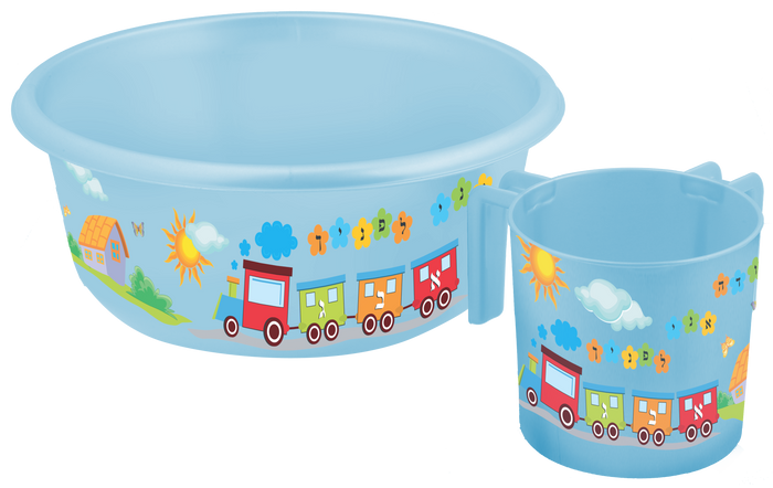 Light blue child's basin and two-handled washing cup with a Hebrew letter train and flower garland