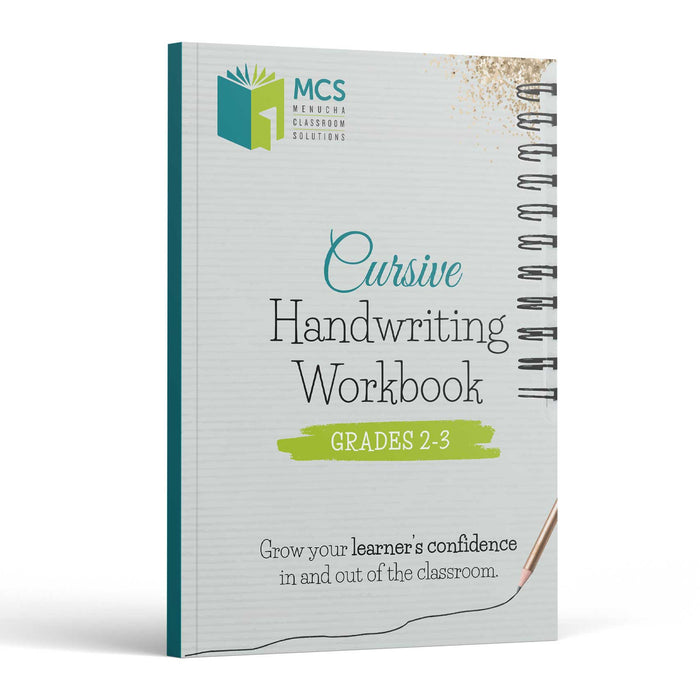 Cursive Handwriting Workbook Grades 2-3 front cover — lined-paper design with a pencil, MCS logo and the tagline about growing a learner's confidence