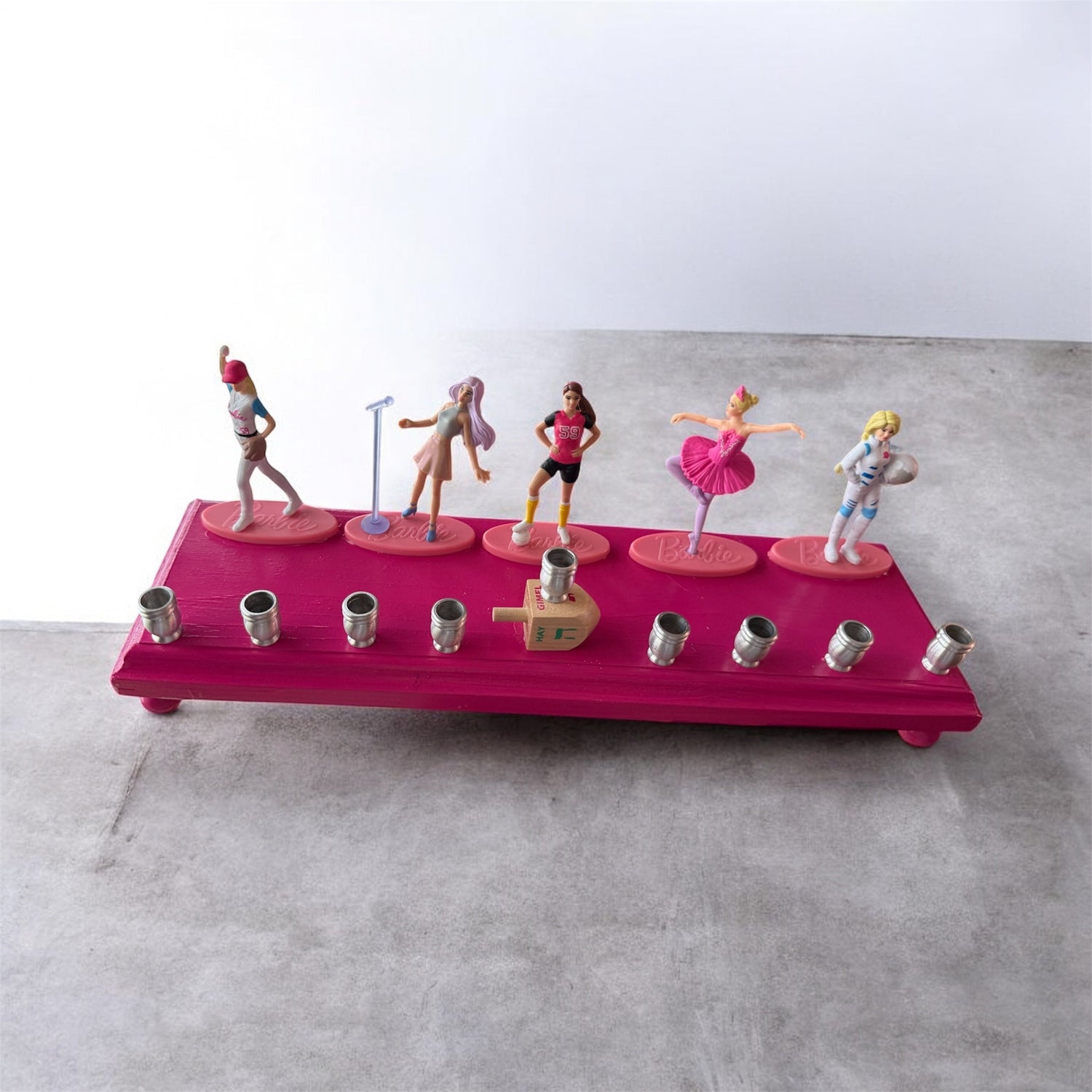 Barbie menorah — vintage Barbie career doll figures on painted wood plaques | Judaica Square Lakewood (view 11)