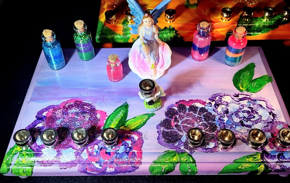 Fairy Flower Menorah — resin fairy and glass dust jar on a painted floral base | Judaica Square Lakewood (view 6)