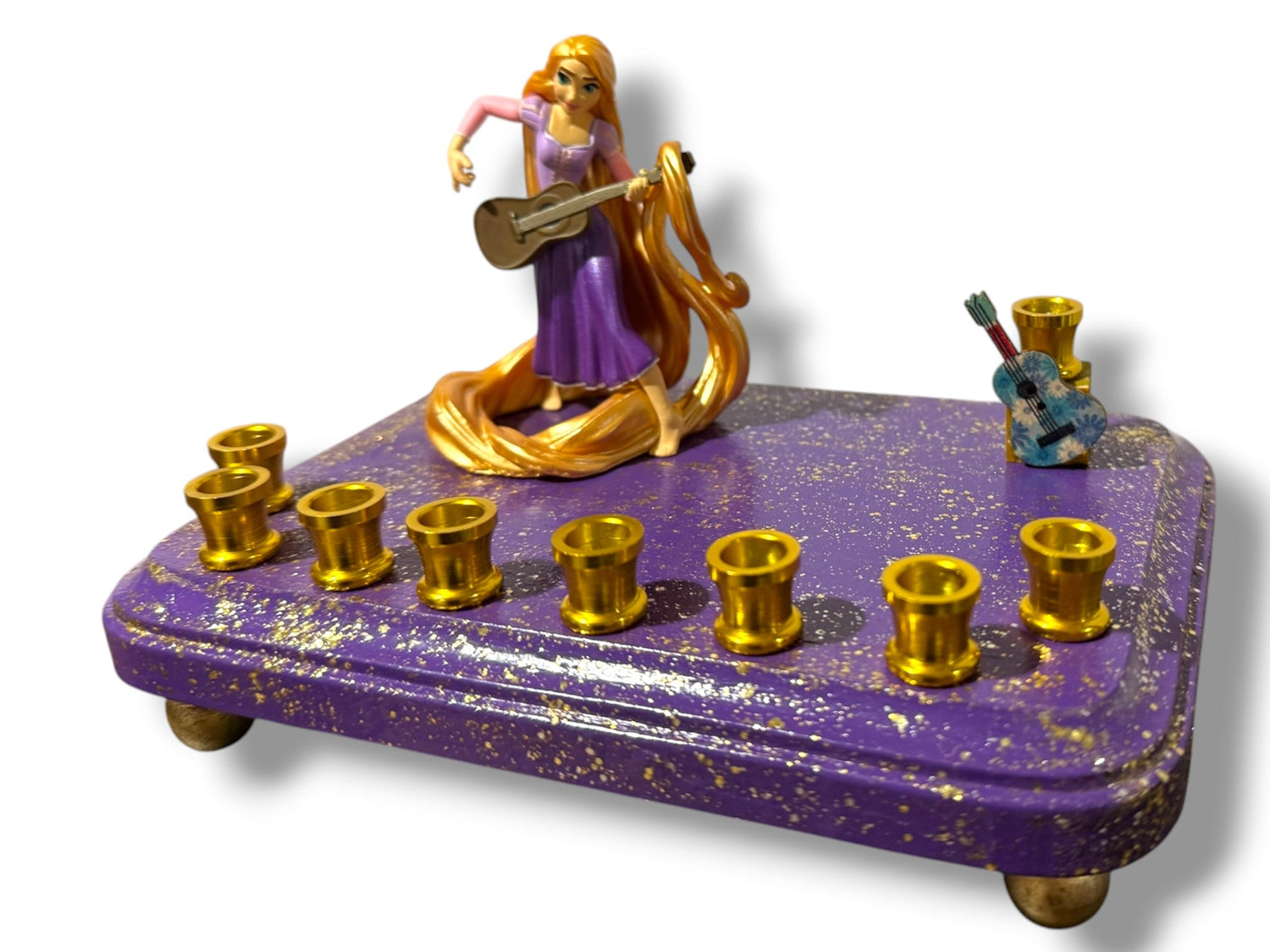 Rapunzel menorah — Tangled figure with wooden guitar shamash on painted base | Judaica Square Lakewood (view 11)
