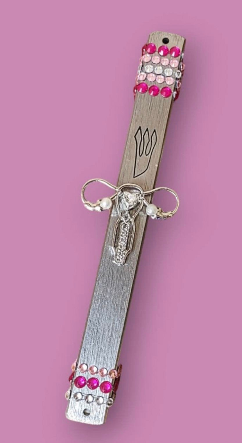 Women's rights mezuzah — pink rhinestones and gold uterus pin | Judaica Square Lakewood (view 9)