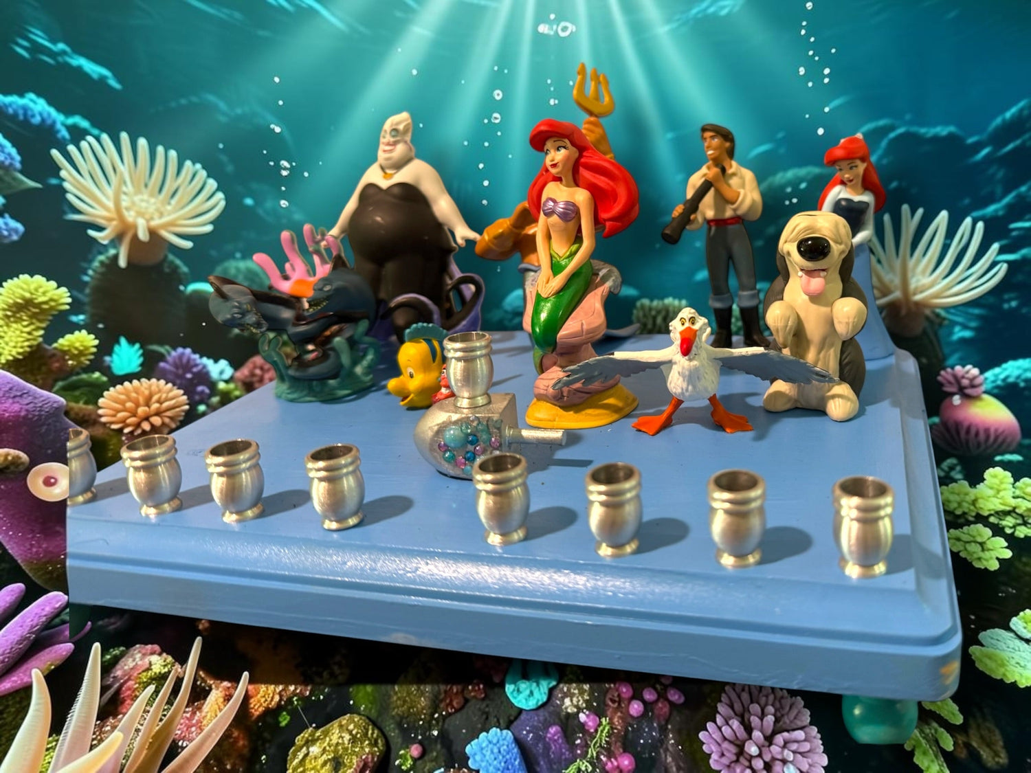 Little Mermaid Menorah — mermaid figures and rhinestones on a painted wood plaque | Judaica Square Lakewood (view 23)