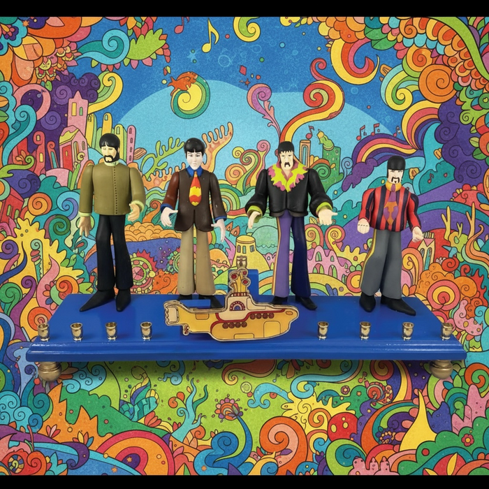 Collector Beatles menorah — four vintage band figures with enamel yellow submarine | Judaica Square Lakewood