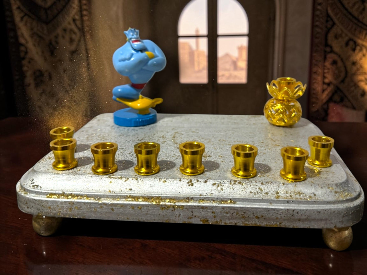 Genie menorah — blue Aladdin genie figure on painted wood plaque with aluminum candle cups | Judaica Square Lakewood (view 4)