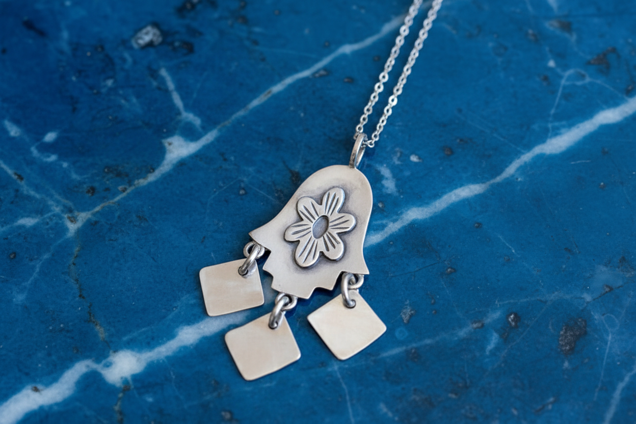 Folklorica hamsa necklace — sterling silver amulet with fringe | Judaica Square Lakewood (view 6)