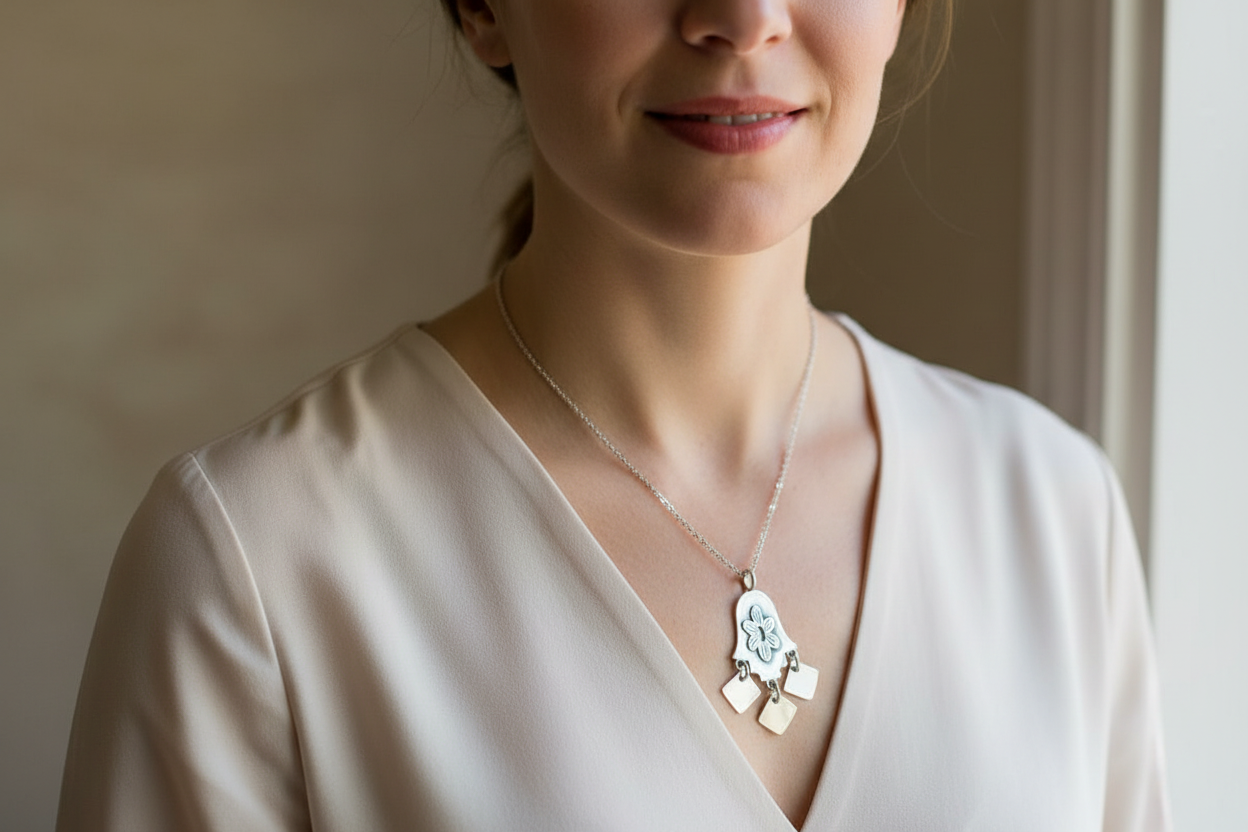 Folklorica hamsa necklace — sterling silver amulet with fringe | Judaica Square Lakewood (view 7)